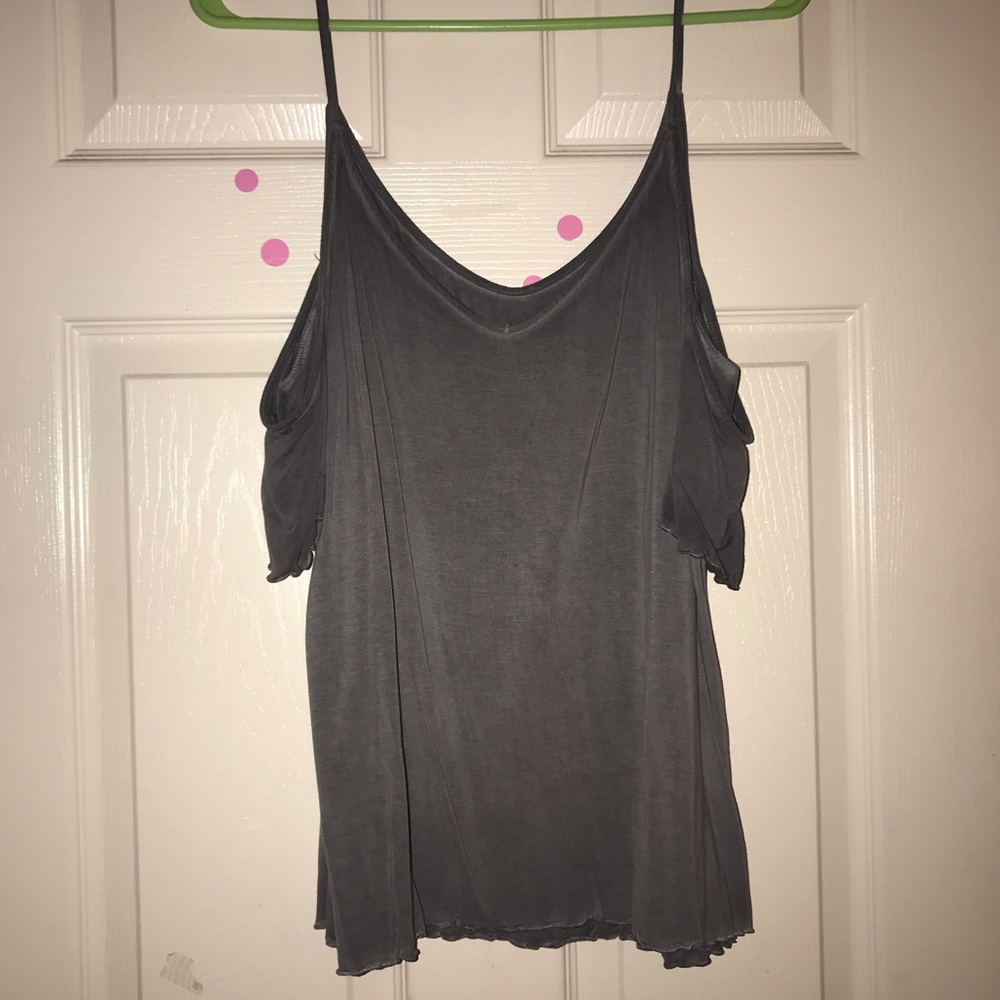 Grey off the shoulder shirt with ruffles